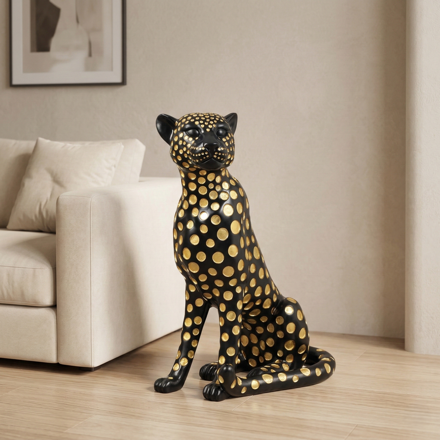 Elegant Black Gold Spotted Jaguar Sculpture