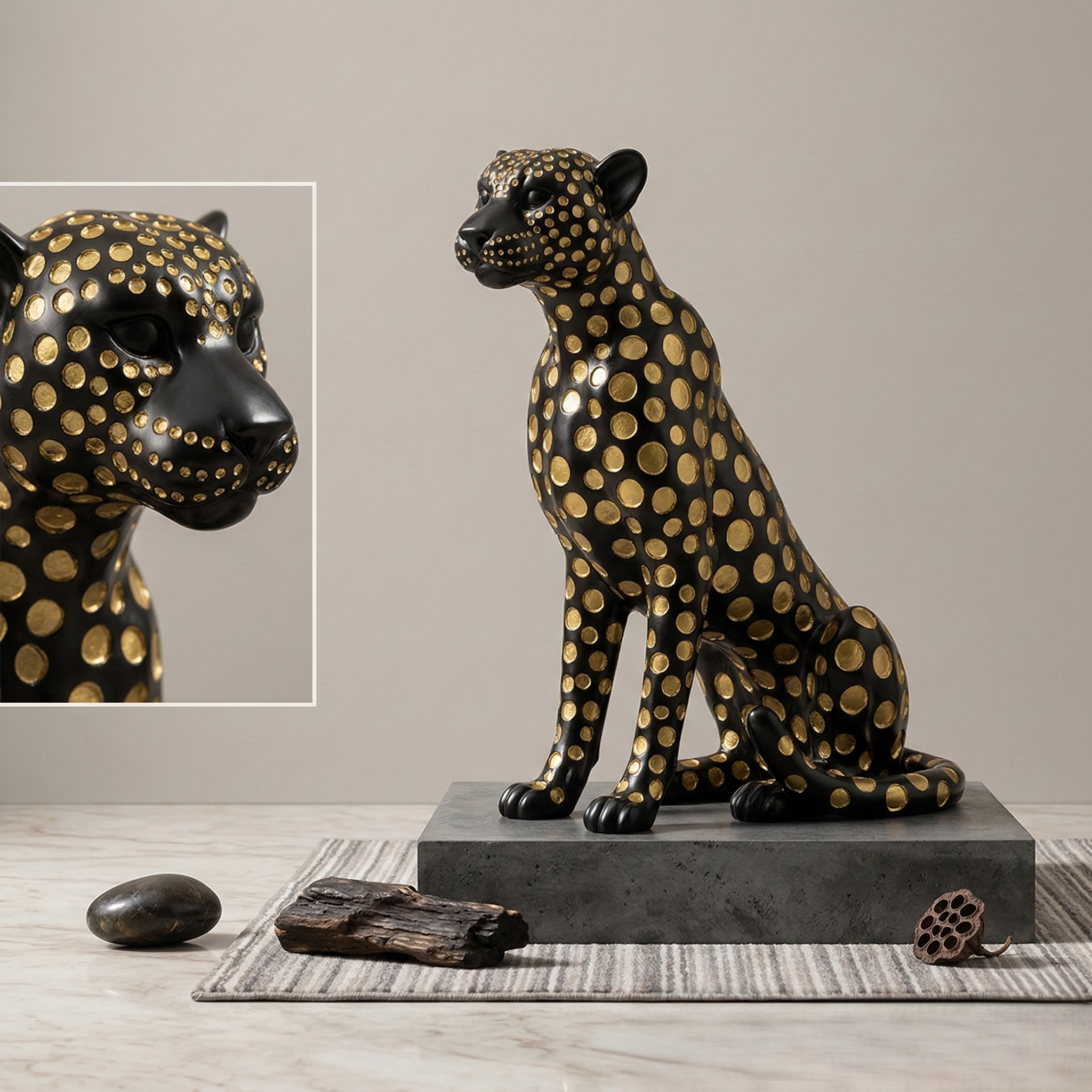 Elegant Black Gold Spotted Jaguar Sculpture