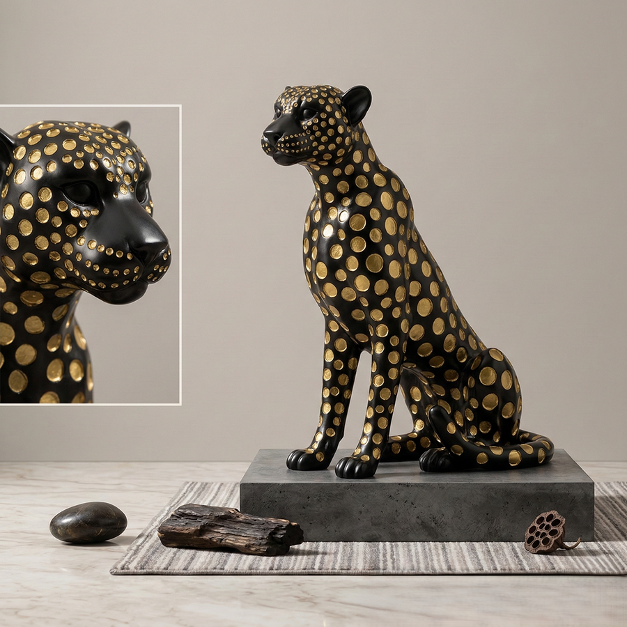 Elegant Black Gold Spotted Jaguar Sculpture
