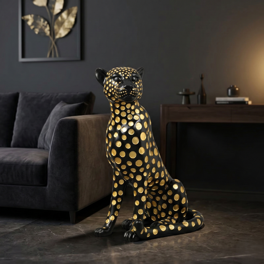 Elegant Black Gold Spotted Jaguar Sculpture
