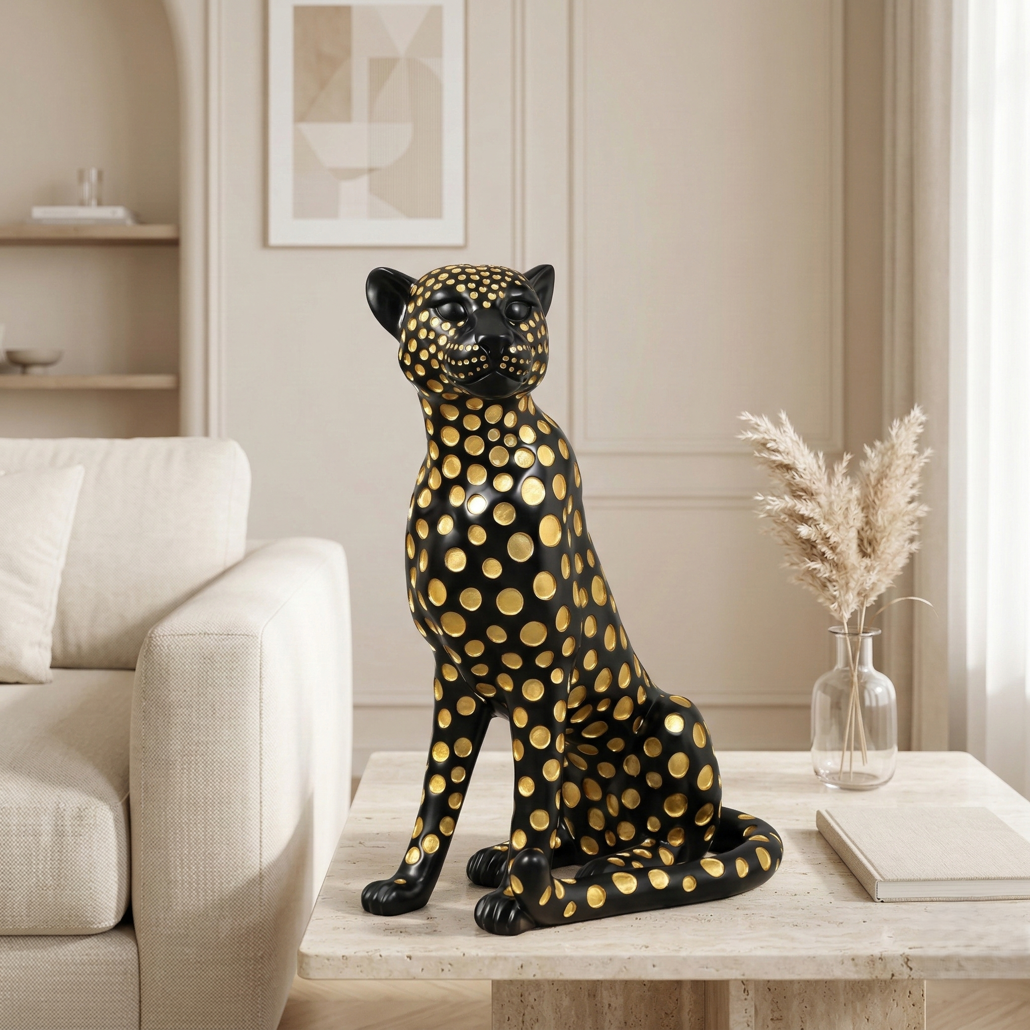 Elegant Black Gold Spotted Jaguar Sculpture