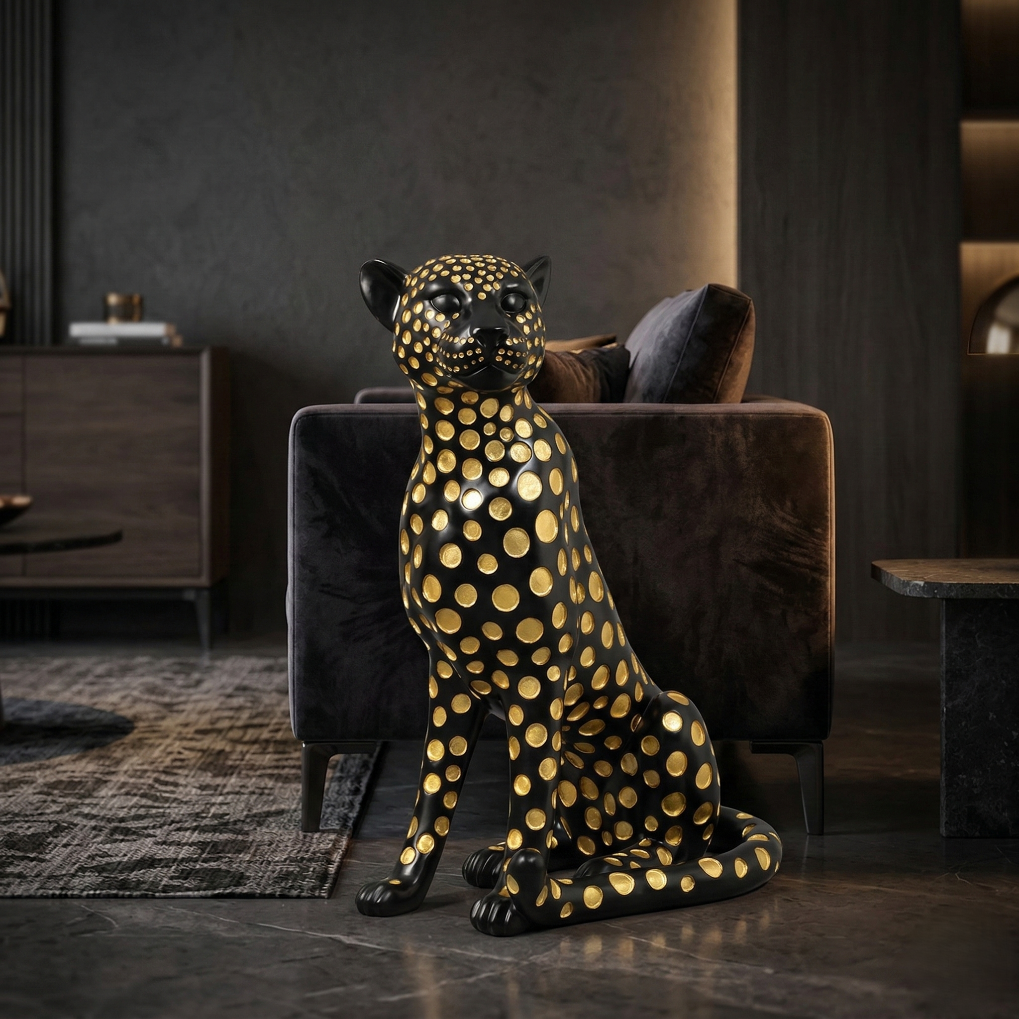 Elegant Black Gold Spotted Jaguar Sculpture