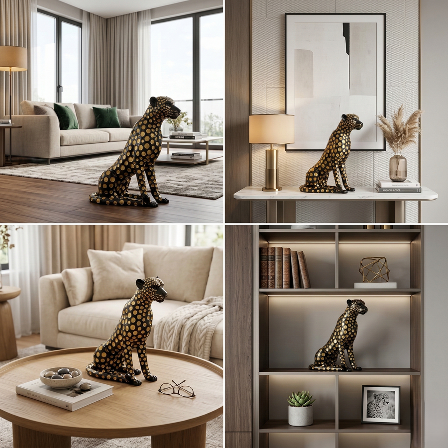 Elegant Black Gold Spotted Jaguar Sculpture